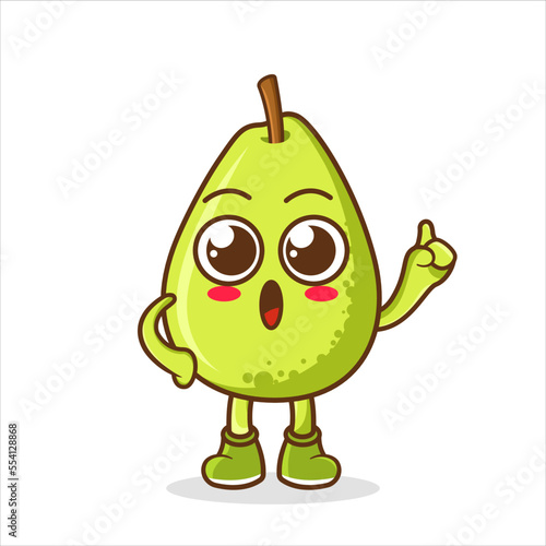 Cute Guava fruit character with happy face and Gesture pointing up. Fruit character icon concept isolated.