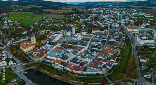 Aerial wide view around the city Freistadt in Austria on a very late afternoon in autumn. 