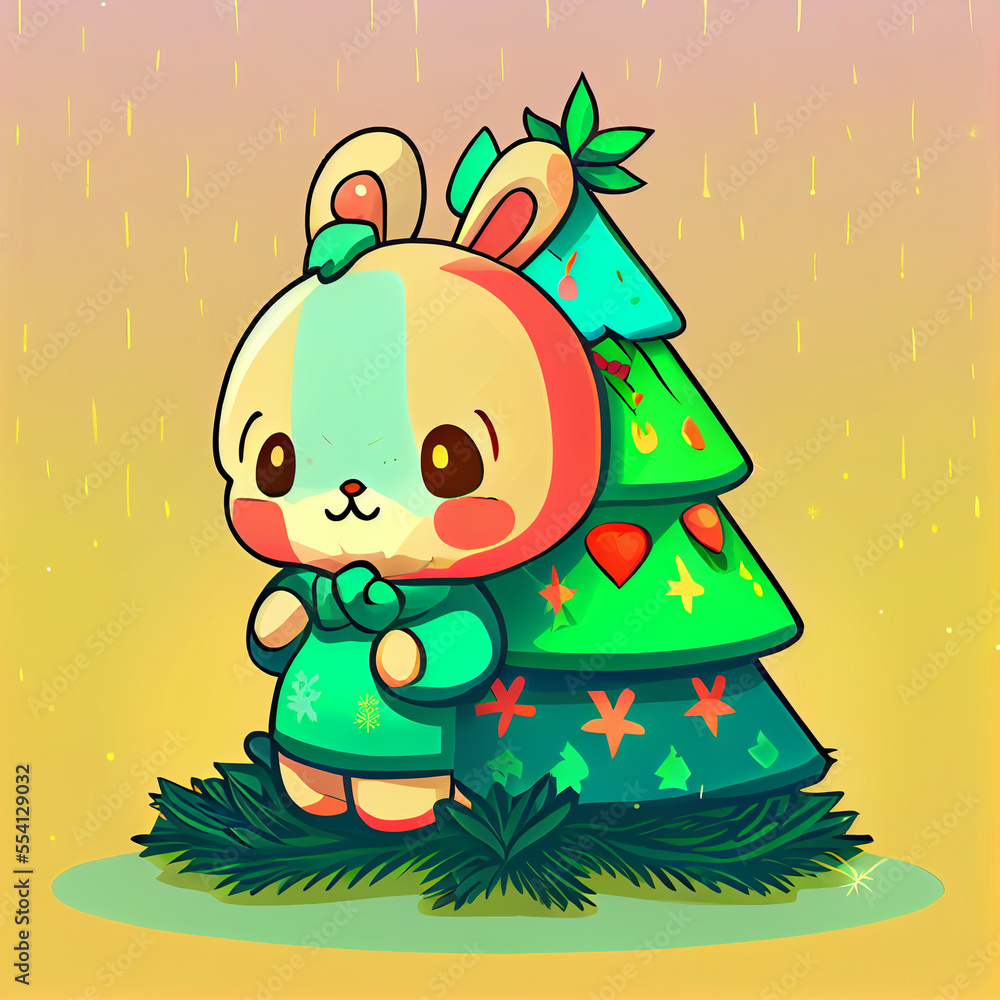 Adorable Bunny Next to Christmas Tree. Generative ai Adorable Bunny Next to Christmas Tree. Generative ai