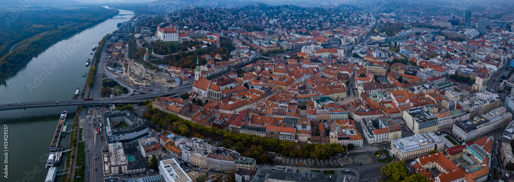 Aerial view around the city capitol Bratislava in Slovakia on a cloudy autumn day.