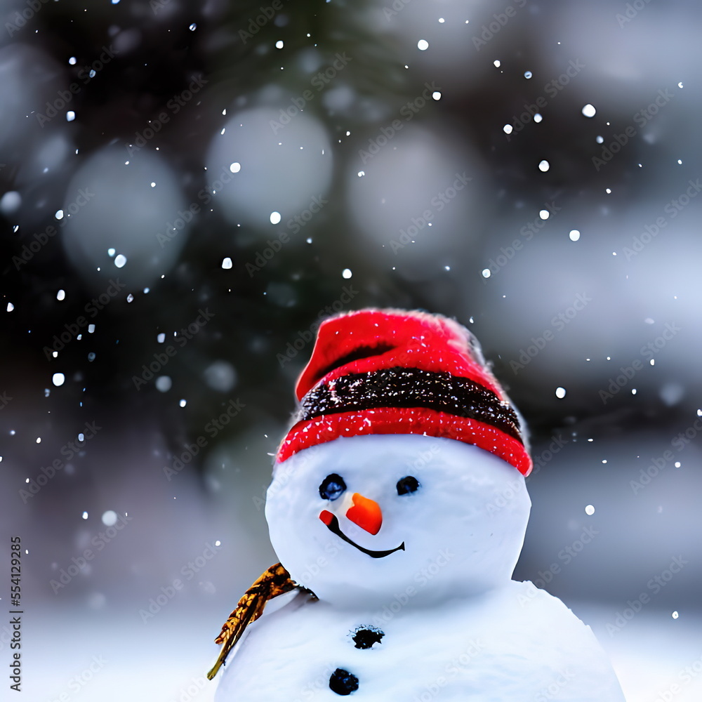 Fototapeta premium Smiling snowman on a snowy winter day. Generative ai.