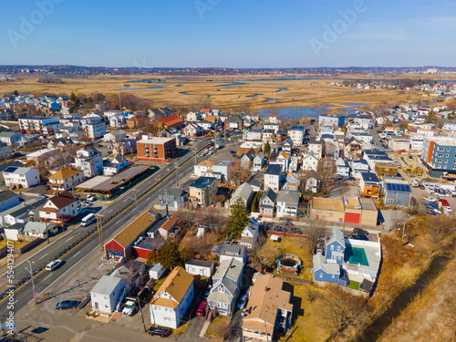 Revere Beach aerial view and historic coastal area in spring in city of Revere near Boston, Massachusetts MA, USA. 