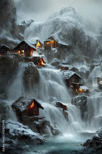 Mountain village with wooden viking houses and waterfall in snowy winter evening. Generative ai.