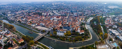 Aerial view of the city Győr in Hungary on a cloudy day in autumn.	 photo