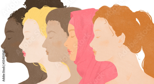 a group of five mindful multi ethnic women breathing together with their eyes closed on transparent background