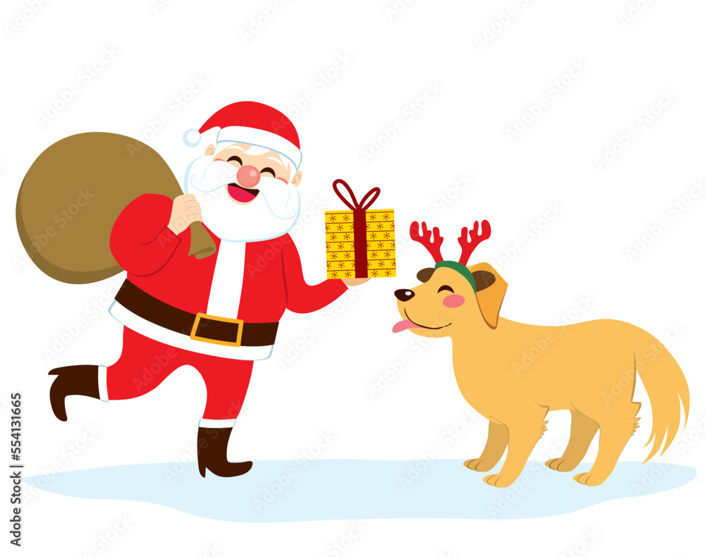Flat vector illustration of Santa Claus giving Christmas present to cute dog wearing. Person holding Xmas gifts bag Flat vector illustration of Santa Claus giving Christmas present to cute dog wearing. Person holding Xmas gifts bag