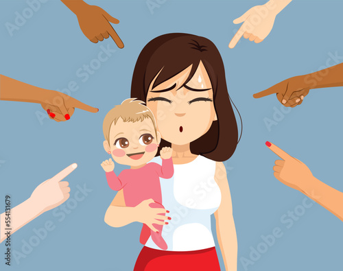 Vector illustration of society blaming and judging new mom with baby. Woman holding toddler child surrounded by pointing finger hands