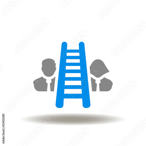 Vector illustration of ladder with business man and business woman. Symbol of career. Icon of onboarding. Sign of talent acquisition.