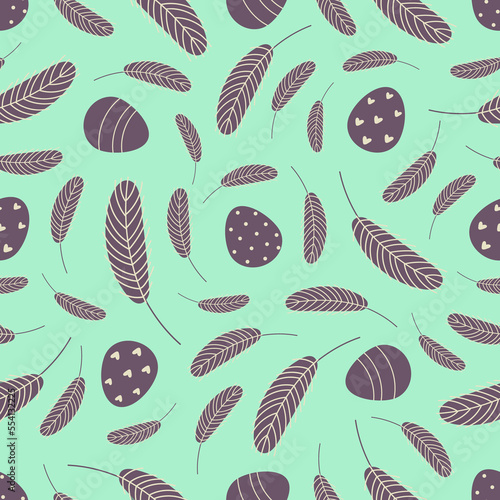  Easter seamless pattern with eggs and feathers.