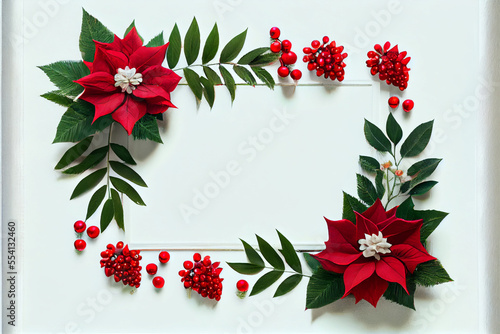 Beautiful christmas decoration frame of red flowers with ornaments isolated on white background. Generative AI illustration