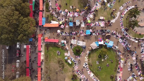 Aerial view of the street fair Feria de Mataderos in Buenos Aires. Top view shot photo