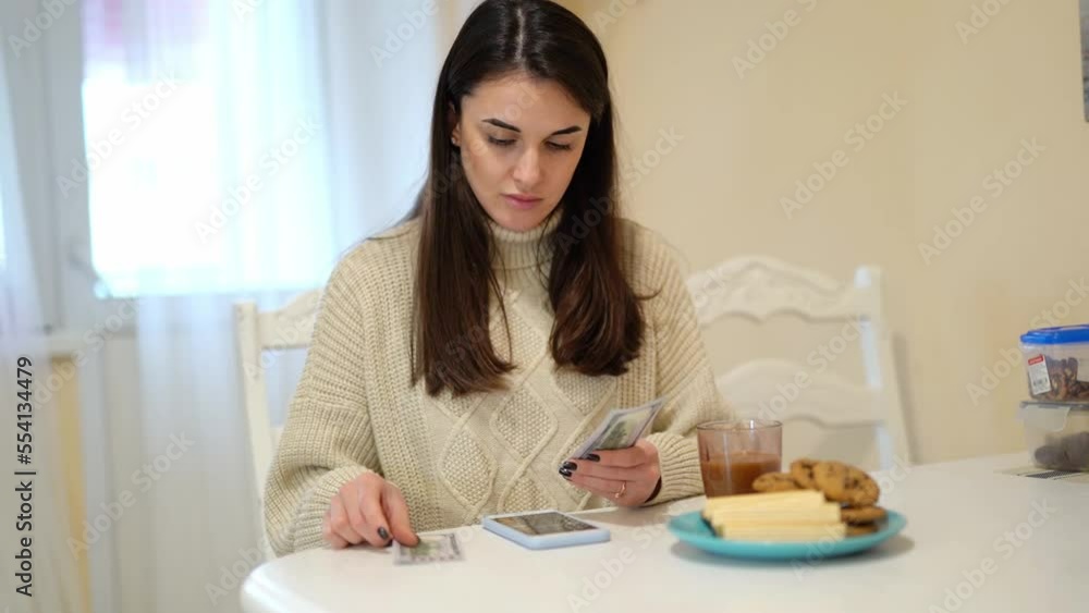 young brunette girl considers her household expenses. Smartphone calculator young brunette girl considers her household expenses. Smartphone calculator