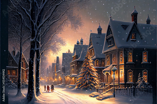 A winter christmas village with beautiful sight in painting style illustration. Created using generative AI technology © ardanz