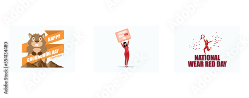 Happy Groundhog Day, National wear red day, First Friday in February, set flat vector modern illustration