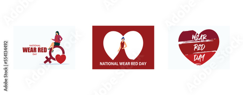  National Wear Red day on February 7th, Woman in evening red dress looking back, set flat vector modern illustration