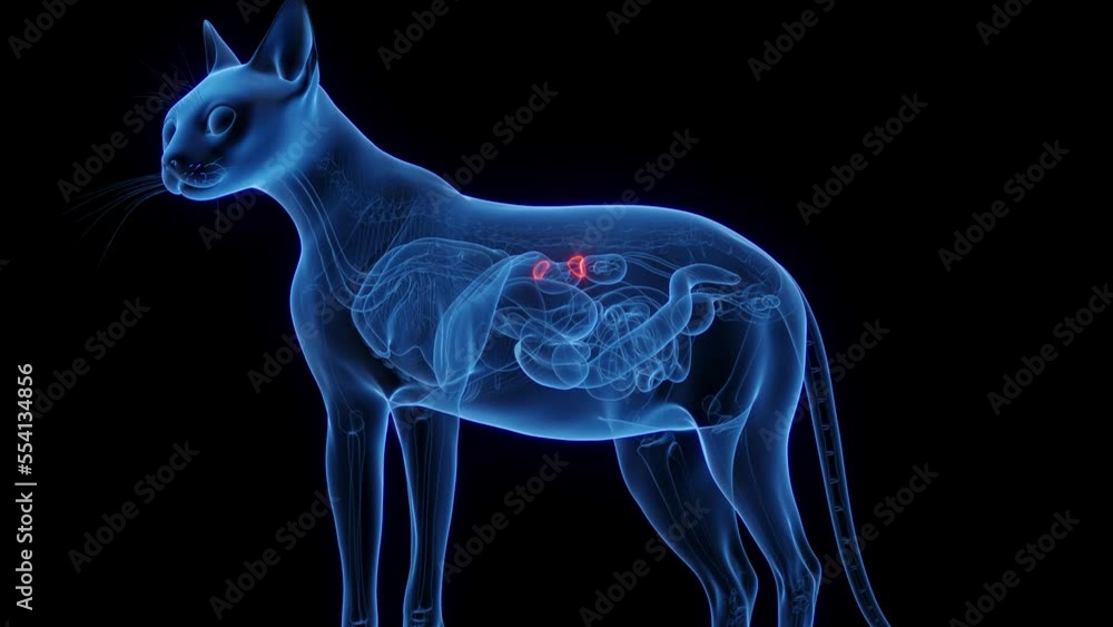 3D medical animation of a the adrenal glands of a cat 3D medical animation of a the adrenal glands of a cat