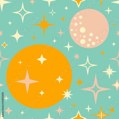 Retro vintage seamless pattern with moon and stars in 50s style . Vector illustration