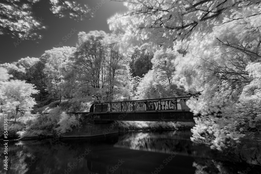 Black and White train track bridge crossing the Don Vally river 