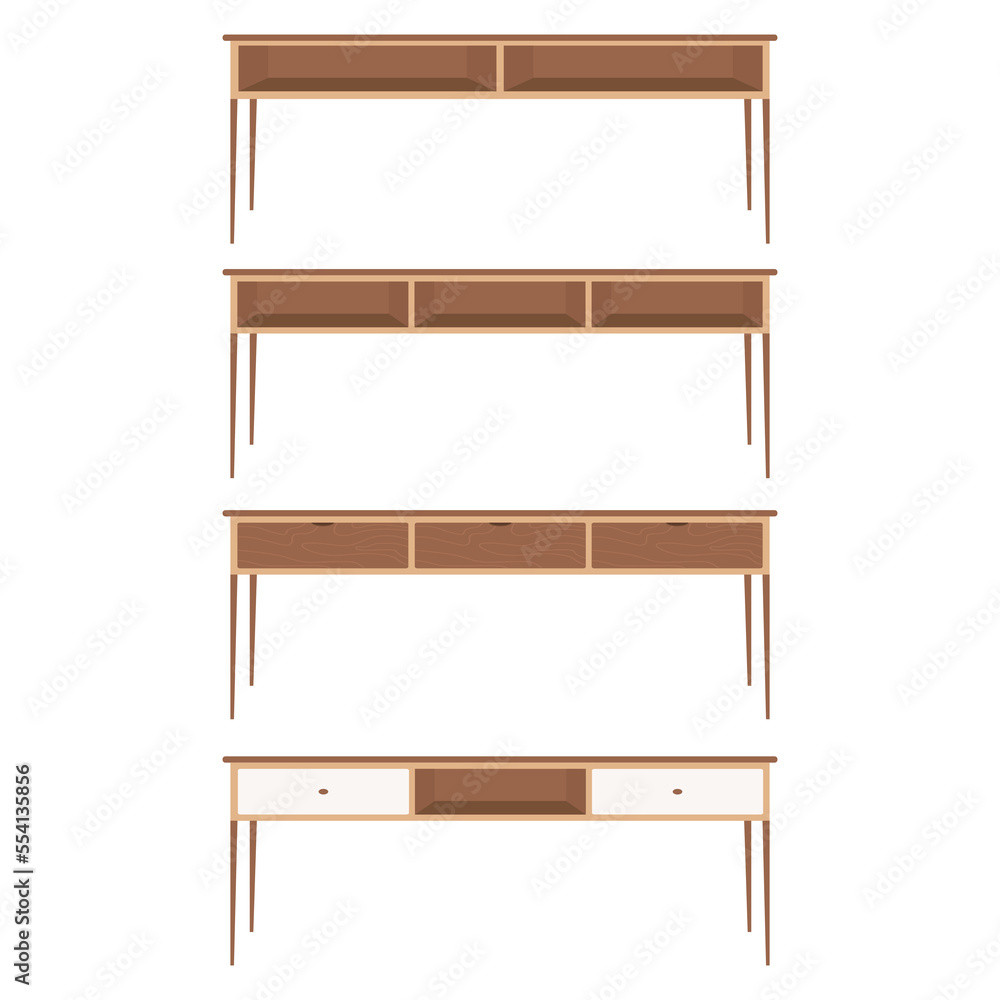 Set of wooden computer desk, working table, pc desk vector in flat design style