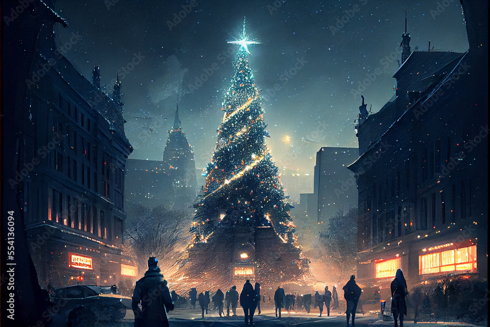 A modern city with a huge christmas tree, there are peoples walking around in painting style. Created using generative AI technology
