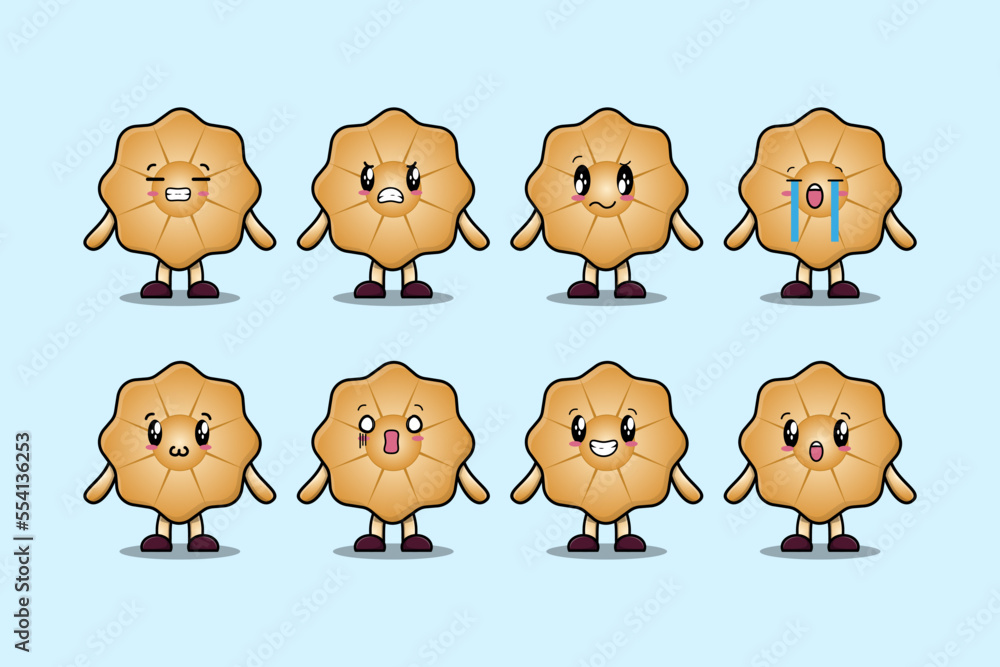 Obraz premium Set kawaii Cookies cartoon character with different expressions cartoon face vector illustrations