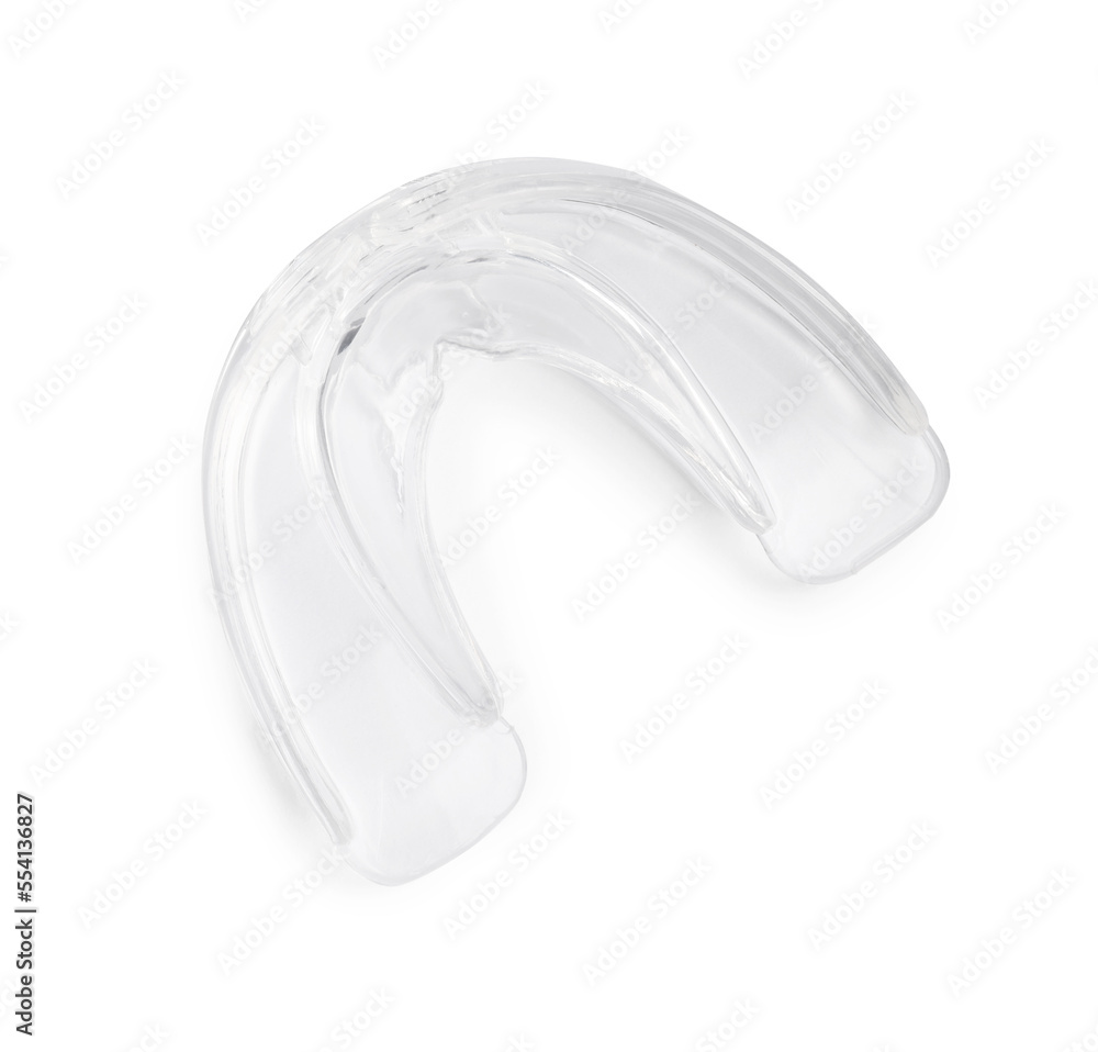 Transparent dental mouth guard isolated on white, top view. Bite correction Transparent dental mouth guard isolated on white, top view. Bite correction