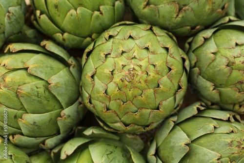 Many fresh raw artichokes as background, top view