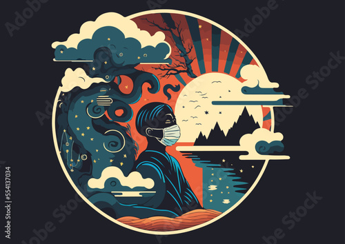 Illustratoin of China with zero covid policy symbolic, mountains, landscape and covid mask