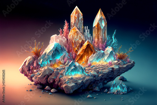 Gemstones, crystals, digital illustration, abstract painting, AI generated