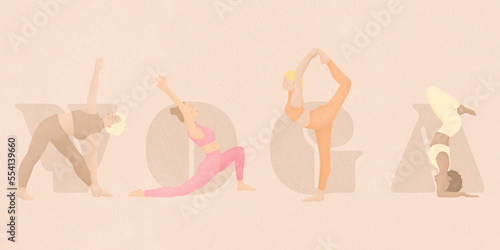 Fototapeta Naklejka Na Ścianę i Meble -  yoga time a group of four young beautiful women with different types of shape and skin practicing yoga and mindfulness