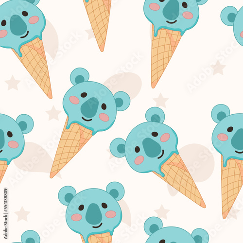 Cute koala ice cream in a waffle cone pattern . Asian food kawaii background with animal