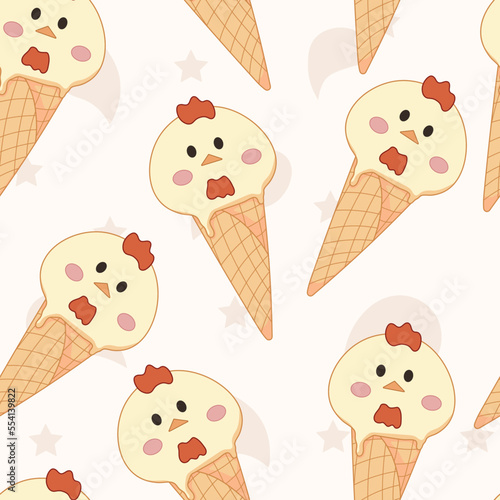 Cute chicken ice cream in a waffle pattern. Asian food kawaii background with animal character