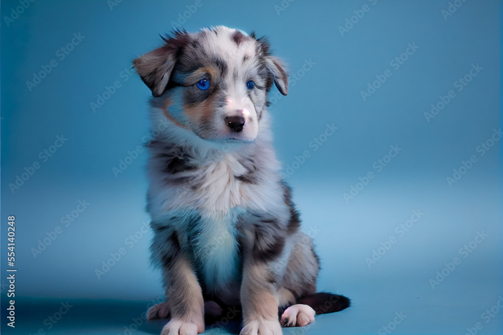 Fototapeta premium Australian Shepherd Puppy Sitting on Blue Background. Generative ai
