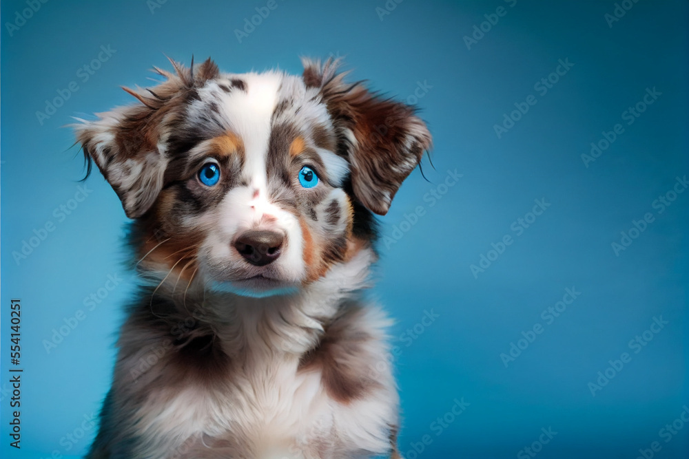 Australian Shepherd Puppy Sitting on Blue Background.  Generative ai
