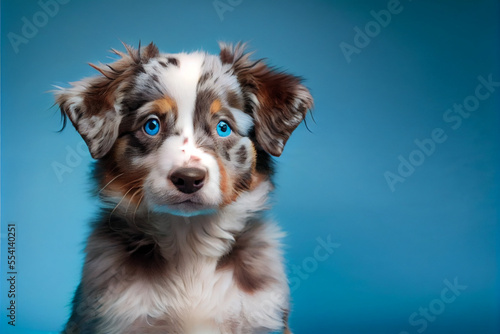 Australian Shepherd Puppy Sitting on Blue Background. Generative ai