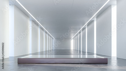 Illuminated Corridor Interior Design. Abstract Futuristic Tunnel with Peacock Pearl Stage. 3D rendering.