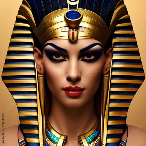 Generative AI image featuring the beautiful gold bust of ancient Egyptian queen Cleopatra wearing a gold headdress. She was the last active ruler of Egypt and ruled during the Ptolemy dynasty. photo