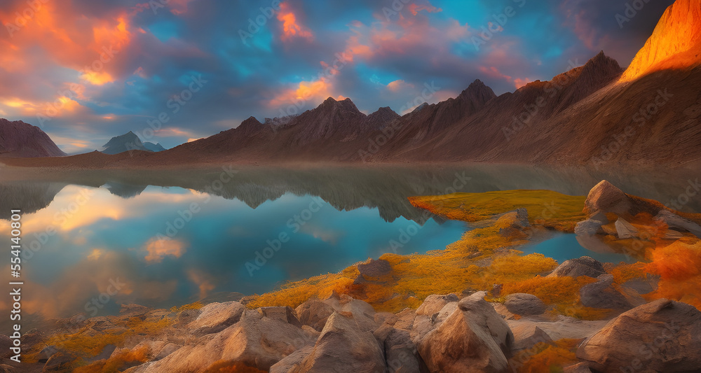 Ai Digital Illustration Magnificent Landscape With Lake And Mountains