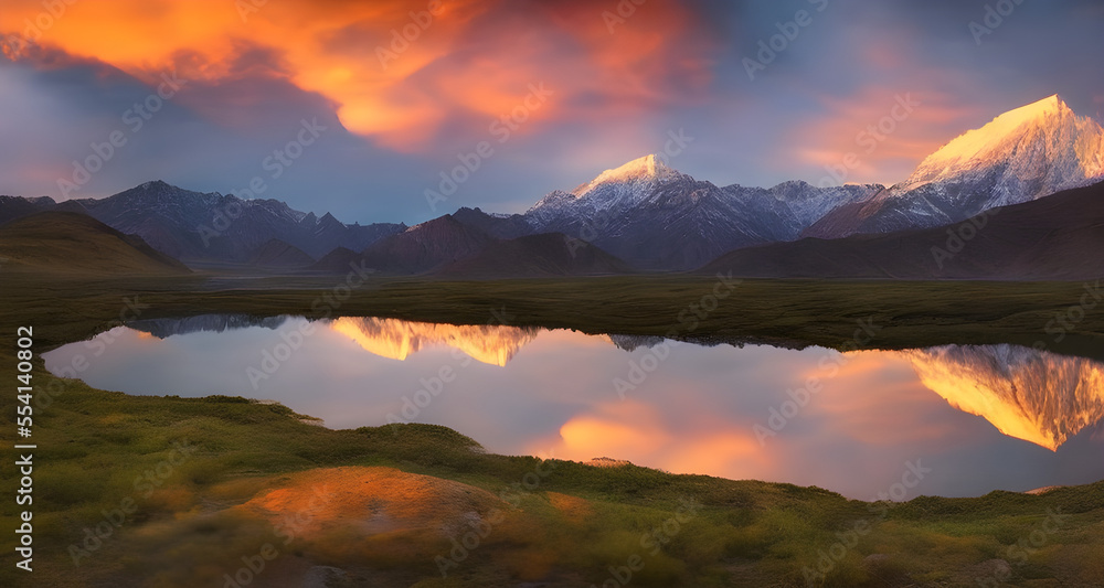 Ai Digital Illustration Magnificent Landscape With Lake And Mountains