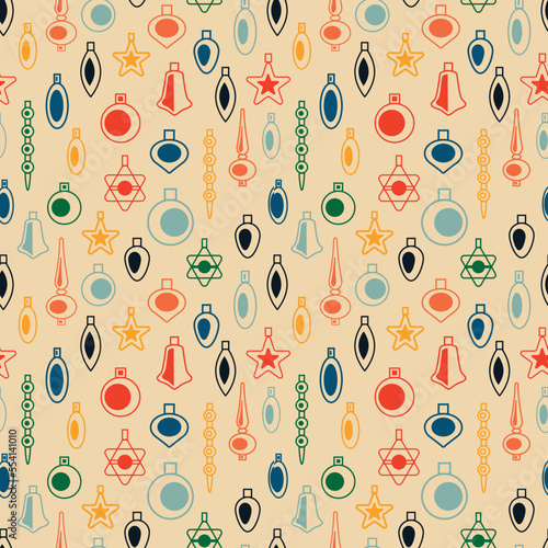 Vintage retro pattern with Christmas tree toys . Christmas seamless background in 50s style