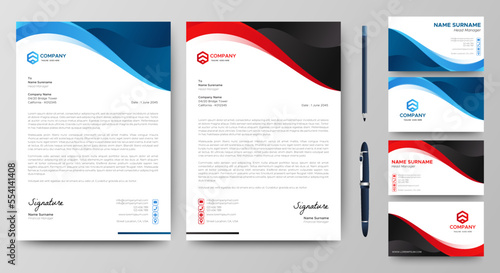 Professional creative letterhead and business card template. Modern a4 Business Letterhead Design. Red and Blue. Corporate business card branding identity. Vector