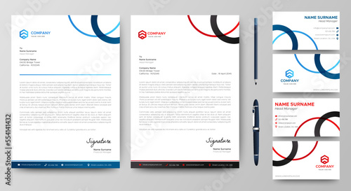 Professional creative letterhead and business card template. Modern a4 Business Letterhead Design. Red and Blue. Corporate business card branding identity. Vector