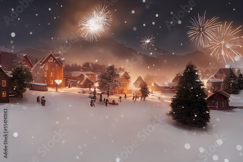 Illustration of a snowy countryside village during silvester night with firework in the background. Content is created with generative ai