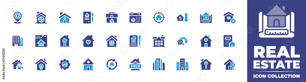 Real estate icon collection. Bold icon. Duotone color. Vector illustration. Containing home, contract, briefcase, calendar, target, price down, blueprint, house, apartment, home page, and more.
