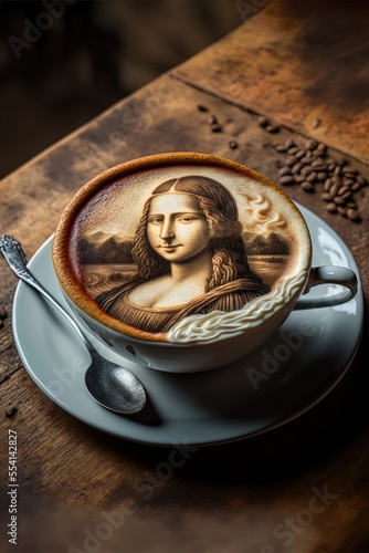 Ai generated illustration of a some weird latte art, including renaissance and fractal broccoli, surrealism