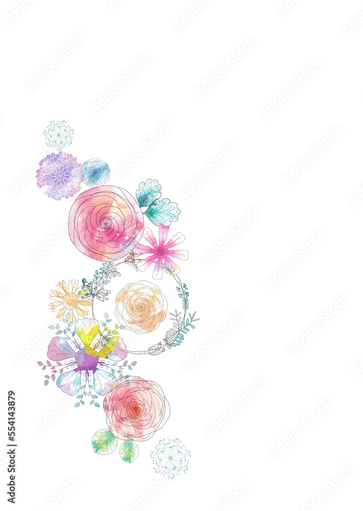 Abstract drawing of flowers and leaves. A variety of colors that are both sweet and bright.