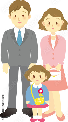 イラスト素材：3月卒園式 4月入園式 3人家族 ピンクのスーツ 核家族（透過背景）