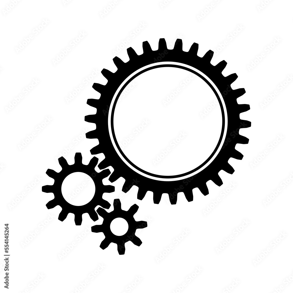 3 sizes of mechanical cogwheels, small 8 teeth, medium 12 teeth and large 30 teeth. Black silhouette gear icon design element. White background. Vector illustration. 3 sizes of mechanical cogwheels, small 8 teeth, medium 12 teeth and large 30 teeth. Black silhouette gear icon design element. White background. Vector illustration.