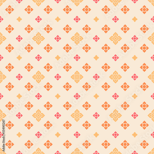 Contemporary Thai art pattern, seamless modern style. Big and small diamond-shaped flowers. Light orange background. Vector illustration.