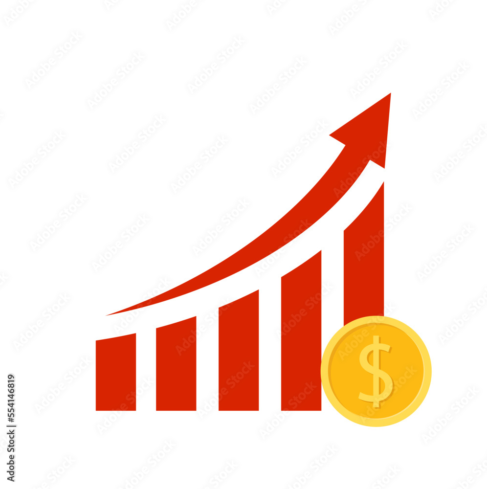 Red arrow going up with bar chart Red arrow going up with bar chart